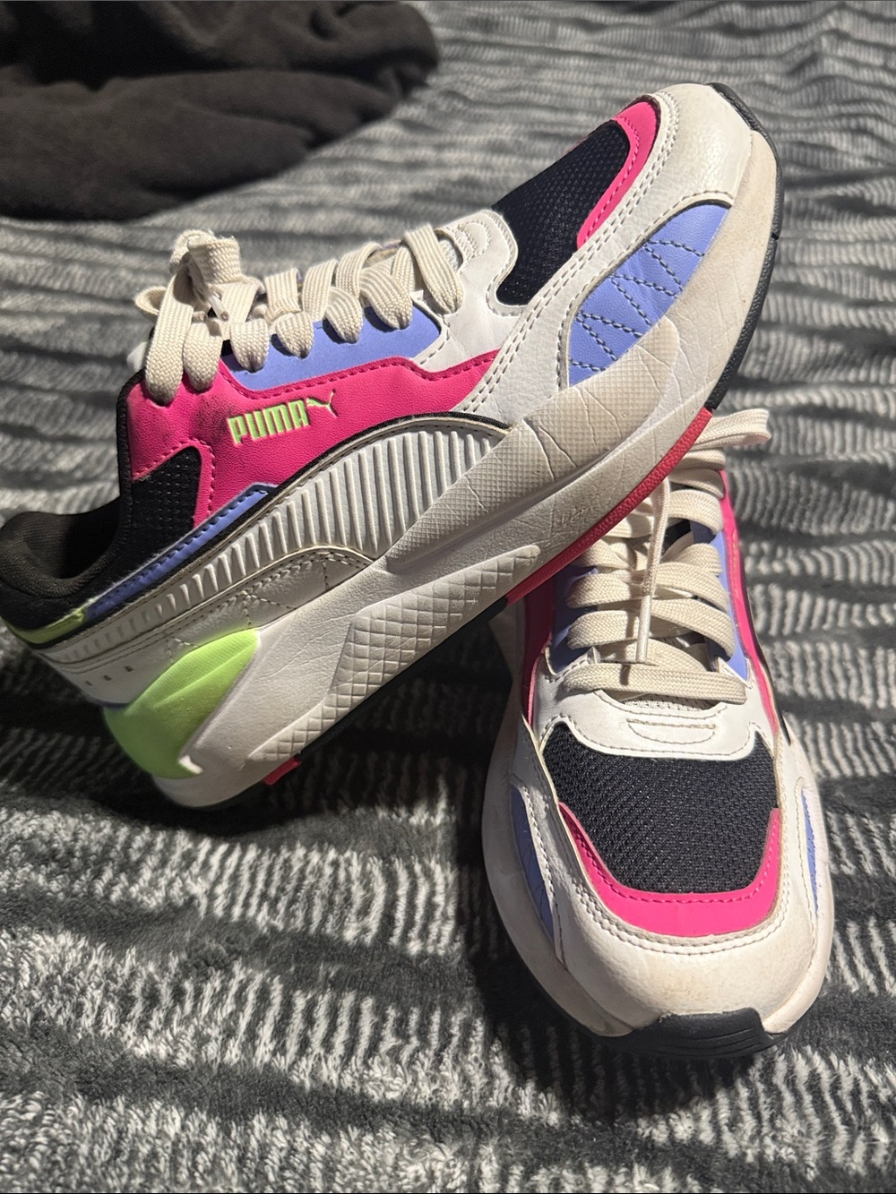 Puma Women's Cream, Pink & Black Sneakers with Neon Lime Accents